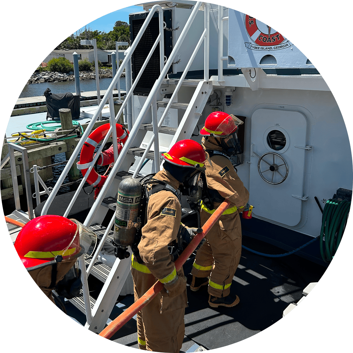 Fire crew in action on boat