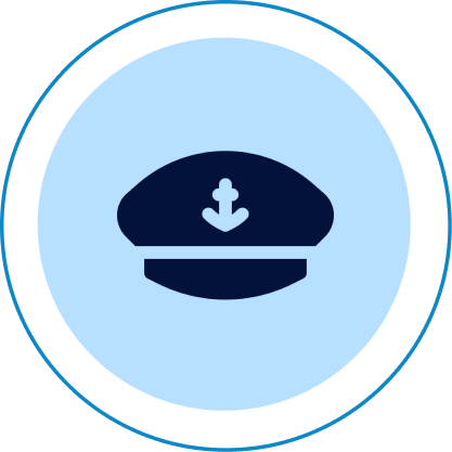Navy captain hat icon on blue circle