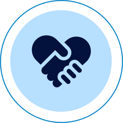 Handshake forming heart inside blue circle.