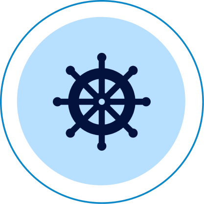 Steering wheel graphic in light blue circle