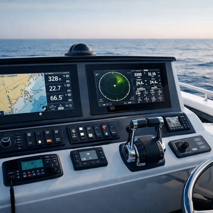 Boat navigation dashboard with ocean view